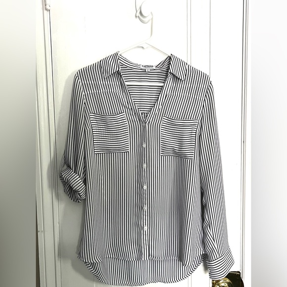 EXPRESS PORTOFINO SHIRT - SLIM FIT - SIZE MEDIUM - BLACK/WHITE STRIPE - Picture 2 of 5
